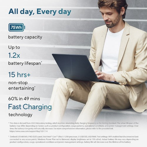 ASUS Zenbook 14 OLED UX3405CA-QL192W Intel Core Ultra 7 255H Laptop 35.6 cm (14") Touchscreen WUXGA 16 GB LPDDR5x-SDRAM 1 TB SSD Wi-Fi 7 (802.11be) Windows 11 Home Blue