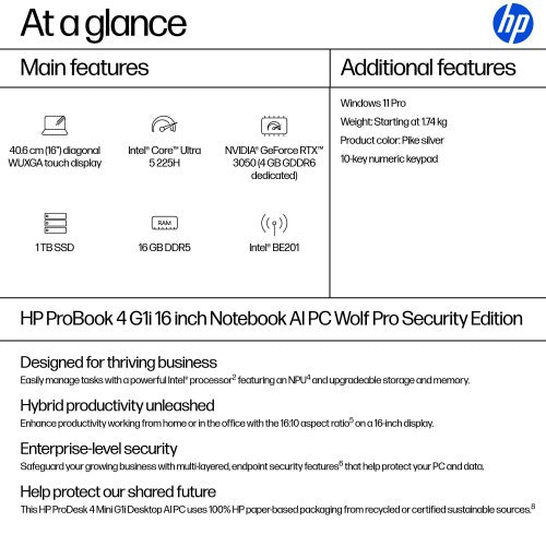 HP ProBook 4 G1i 16 inch Notebook AI PC Wolf Pro Security Edition Intel Core Ultra 5 225H Laptop 40.6 cm (16") Touchscreen WUXGA 16 GB DDR5-SDRAM 1 TB SSD Wi-Fi 7 (802.11be) Windows 11 Pro Silver