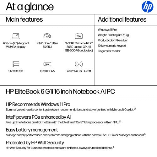 HP EliteBook 6 G1i AI PC Intel Core Ultra 5 225U Laptop 40.6 cm (16") WUXGA 16 GB DDR5-SDRAM 512 GB SSD Wi-Fi 6E (802.11ax) Windows 11 Pro Silver