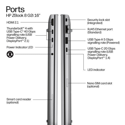 HP ZBook 8 G2i 16 inch Mobile Workstation PC - Data Science Copilot+ PC Intel Core Ultra 7 356H 40.6 cm (16") WUXGA 16 GB DDR5-SDRAM 512 GB SSD Wi-Fi 7 (802.11be) Windows 11 Pro AI Workstation, AI PC Silver
