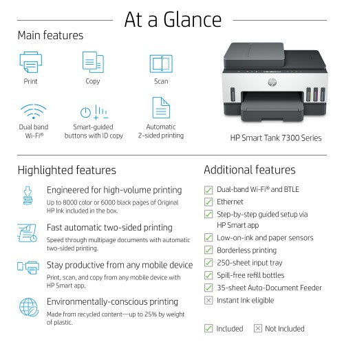 HP Smart Tank 7308 Wireless All-in-One Color Printer, Up to 2 Years of ink included; Two-sided printing; Copier, Scanner