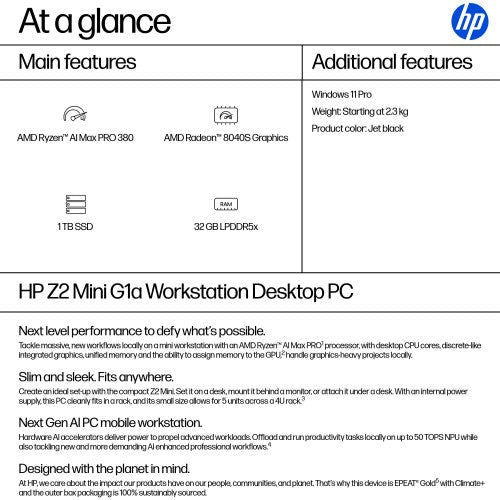HP Z2 Mini G1a Copilot+ PC AMD Ryzen AI Max PRO 380 32 GB LPDDR5x-SDRAM 1 TB SSD Windows 11 Pro Mini PC Workstation AI Workstation, AI PC Black