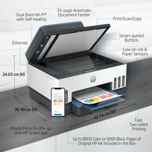 HP Smart Tank 7308 Wireless All-in-One Color Printer, Up to 2 Years of ink included; Two-sided printing; Copier, Scanner