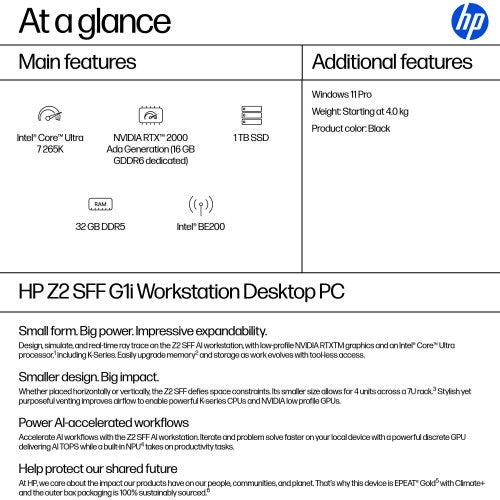 HP Z2 SFF G1i Intel Core Ultra 7 265K 32 GB DDR5-SDRAM 1 TB SSD NVIDIA RTX 2000 Ada Windows 11 Pro Workstation AI Workstation, AI PC Black