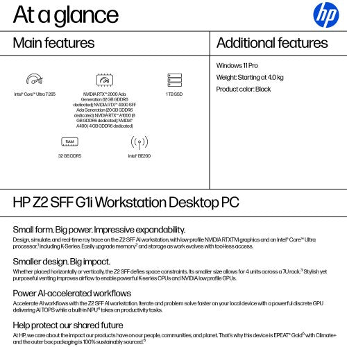 HP Z2 G1i Intel Core Ultra 7 265 32 GB DDR5-SDRAM 1 TB SSD Windows 11 Pro SFF Workstation AI Workstation, AI PC Black