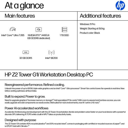 HP Z2 Tower G1i Intel Core Ultra 7 265 32 GB DDR5-SDRAM 1 TB SSD NVIDIA RTX A400 Windows 11 Pro Workstation AI Workstation, AI PC Black