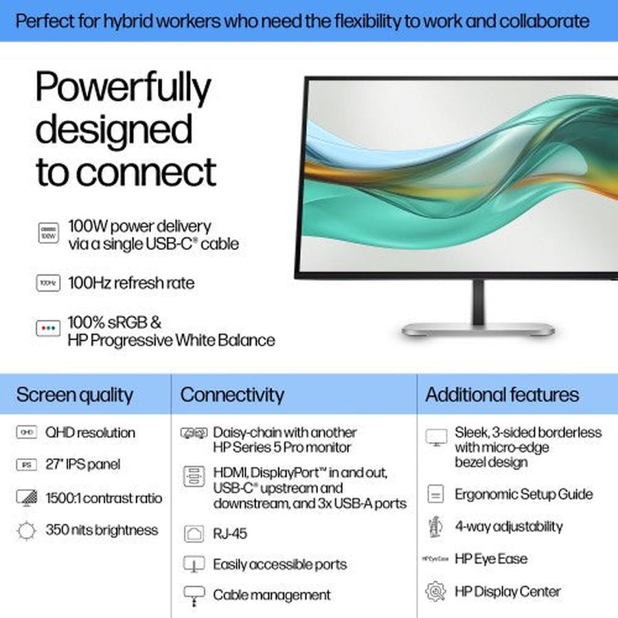 HP Series 5 Pro 27 inch QHD USB-C Monitor - 527pu - GKN Direct