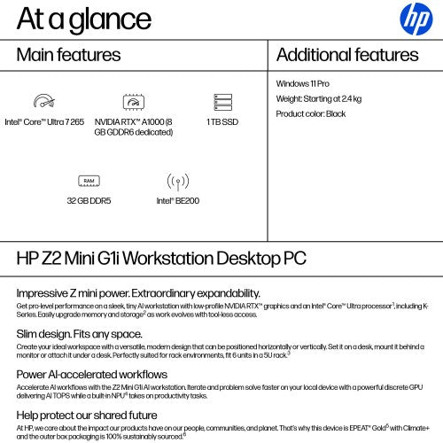 HP Z2 Mini G1i Intel Core Ultra 7 265 32 GB DDR5-SDRAM 1 TB SSD NVIDIA RTX A1000 Windows 11 Pro Mini PC Workstation AI Workstation, AI PC Black