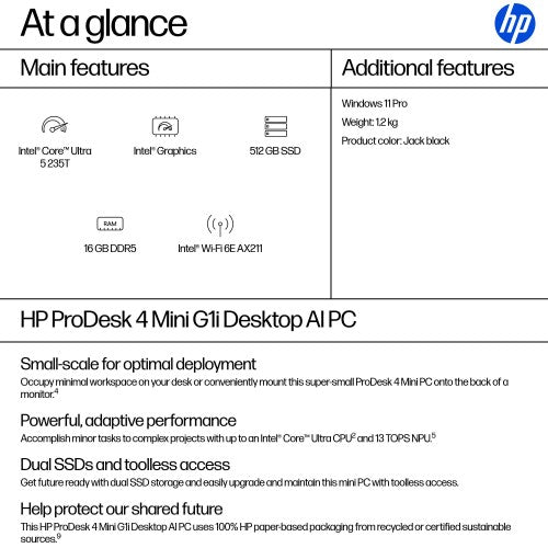 HP ProDesk 4 G1i AI PC Intel Core Ultra 5 235T 16 GB DDR5-SDRAM 512 GB SSD Windows 11 Pro Mini PC Black