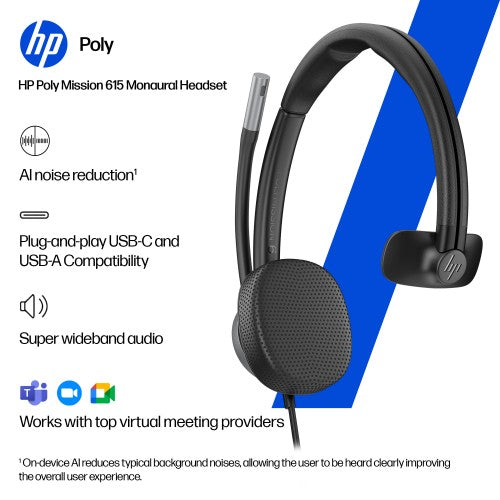 HP Poly Mission 615 Monaural USB Wired Headset