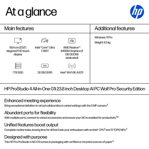 HP ProStudio 4 G1i AI PC Wolf Pro Security Edition Intel Core Ultra 7 265T 60.5 cm (23.8") 1920 x 1080 pixels Touchscreen All-in-One PC 32 GB DDR5-SDRAM 1 TB SSD Windows 11 Pro Wi-Fi 6E (802.11ax) Black