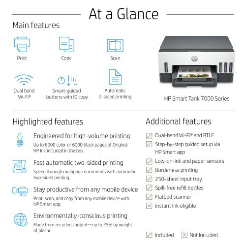 HP Smart Tank 7008 Wireless All-in-One Color Printer, Up to 2 Years of ink included; Two-sided printing; Copier, Scanner
