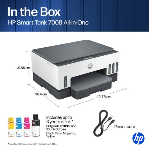 HP Smart Tank 7008 Wireless All-in-One Color Printer, Up to 2 Years of ink included; Two-sided printing; Copier, Scanner