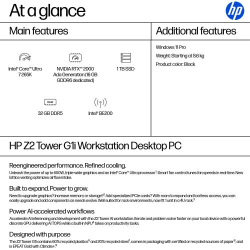 HP Z2 Tower G1i Intel Core Ultra 7 265K 32 GB DDR5-SDRAM 1 TB SSD NVIDIA RTX 2000 Ada Windows 11 Pro Workstation AI Workstation, AI PC Black