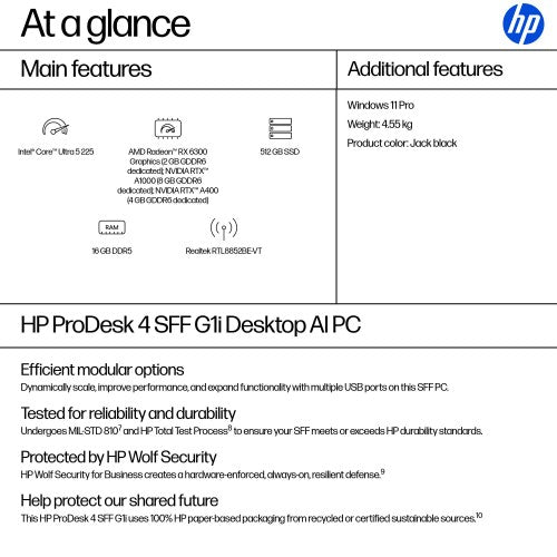 HP ProDesk 4 SFF G1i Desktop AI PC Intel Core Ultra 5 225 16 GB DDR5-SDRAM 512 GB SSD Windows 11 Pro Black