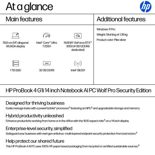 HP ProBook 4 G1i AI Wolf Pro Security Edition Intel Core Ultra 7 255H Laptop 35.6 cm (14") WUXGA 32 GB DDR5-SDRAM 1 TB SSD Wi-Fi 7 (802.11be) Windows 11 Pro AI PC Silver