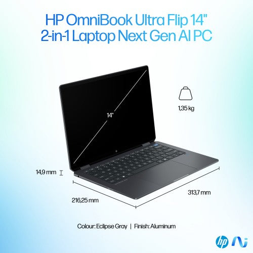 HP OmniBook Ultra Flip 14-fh0004na Copilot+ PC Intel Core Ultra 7 258V Laptop 35.6 cm (14") Touchscreen 3K 32 GB LPDDR5x-SDRAM 2 TB SSD Wi-Fi 7 (802.11be) Windows 11 Home Black, Grey
