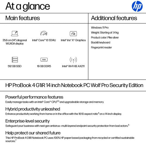 HP ProBook 4 G1iR Wolf Pro Security Edition Intel® Core™ i5 i5-1334U Laptop 35.6 cm (14") WUXGA 16 GB DDR5-SDRAM 512 GB SSD Wi-Fi 6E (802.11ax) Windows 11 Pro Silver