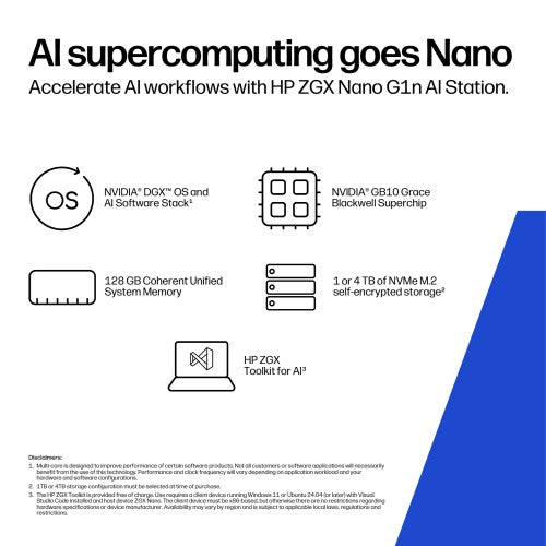 HP ZGX Nano G1n AI Station GB10 128 GB LPDDR5x-SDRAM 1 TB SSD Linux Mini PC Workstation AI Workstation, AI PC Black