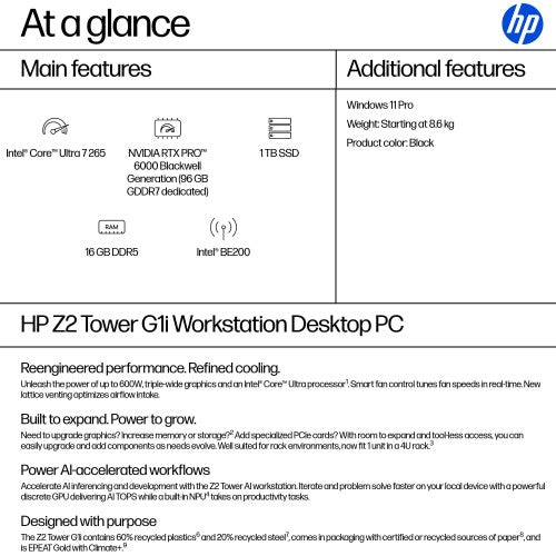 HP Z2 Tower G1i Intel Core Ultra 7 265 16 GB DDR5-SDRAM 1 TB SSD Windows 11 Pro Workstation AI Workstation, AI PC Black